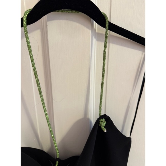 NEW! Zara Black Cowl Neck Mini Dress with Green Diamanté Rhinestone Straps - Picture 8 of 11